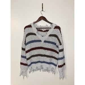 ADORA Striped Distressed Frayed V Neck Sweater Cozy Chunky Knit Womens | Small